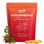 Front of the Nura Pure Berberine pouch: 500mg per serving, 300 capsules, food supplement, with barberry sprig and capsules