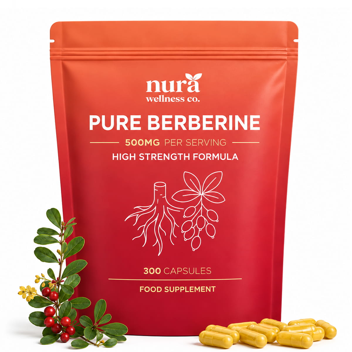 Front of the Nura Pure Berberine pouch: 500mg per serving, 300 capsules, food supplement, with barberry sprig and capsules