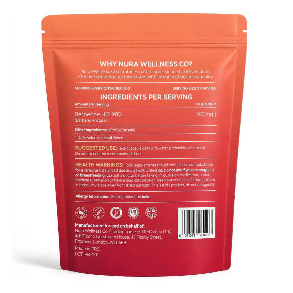 Back of the Nura Pure Berberine pouch showing 500mg Berberine HCl 98% (Berberis aristata) per one-capsule serving, 300 servings