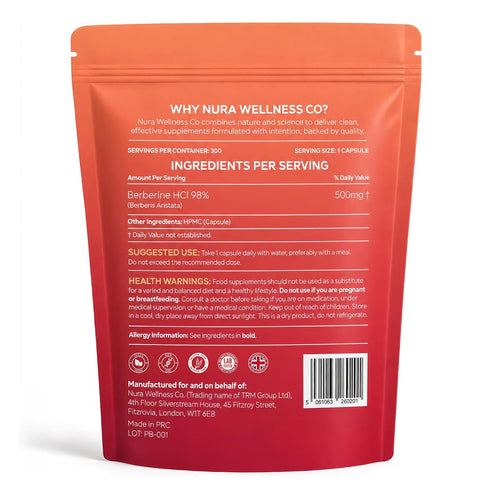 Back of the Nura Pure Berberine pouch showing 500mg Berberine HCl 98% (Berberis aristata) per one-capsule serving, 300 servings