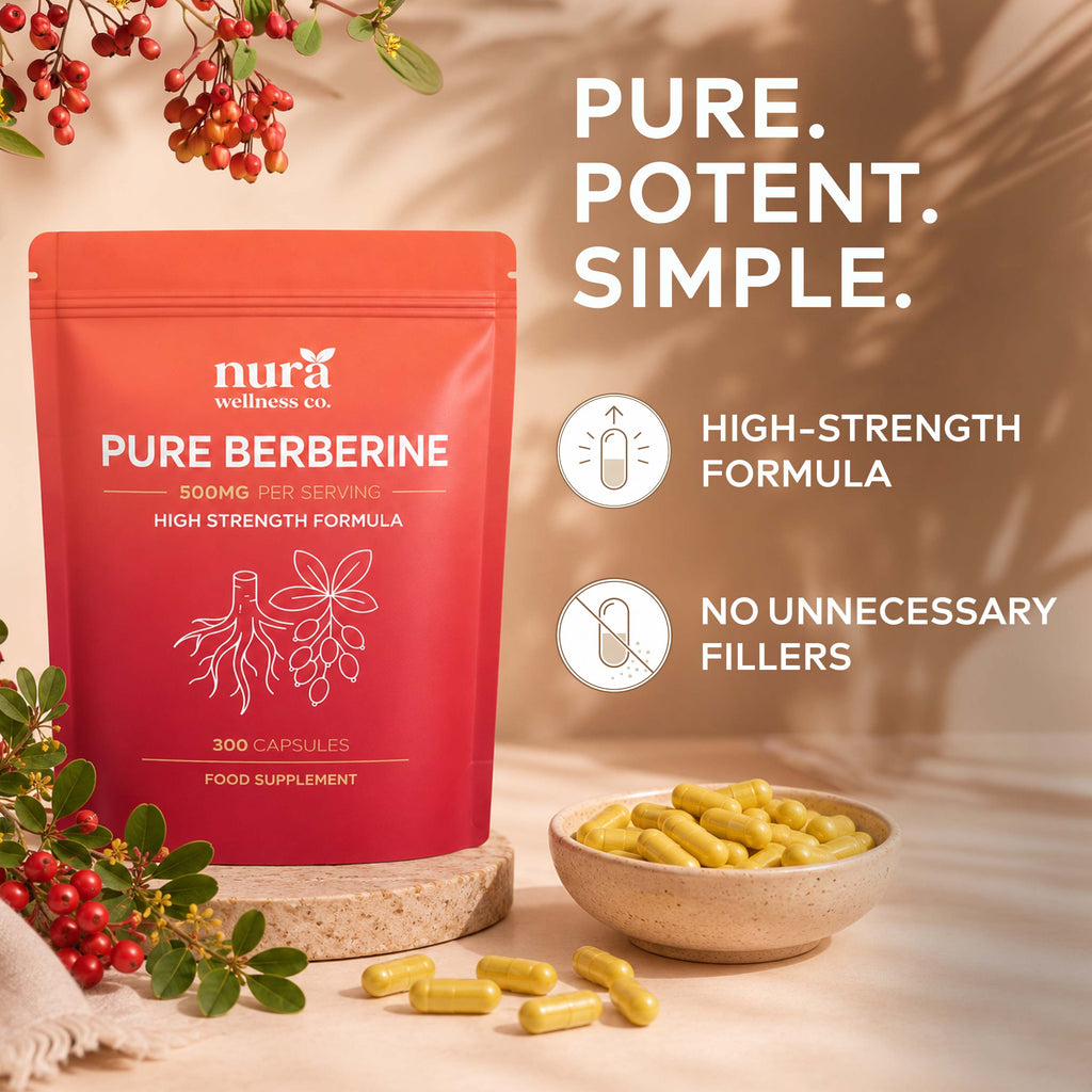 Nura Pure Berberine pouch with a bowl of yellow capsules and barberry sprigs: high-strength formula with no unnecessary fillers