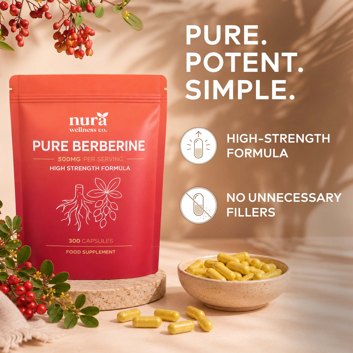 Nura Pure Berberine pouch with a bowl of yellow capsules and barberry sprigs: high-strength formula with no unnecessary fillers