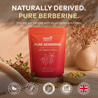 Nura Pure Berberine pouch, 500mg per serving, with vegan, non-GMO, gluten-free, third-party lab tested and formulated in the UK badges