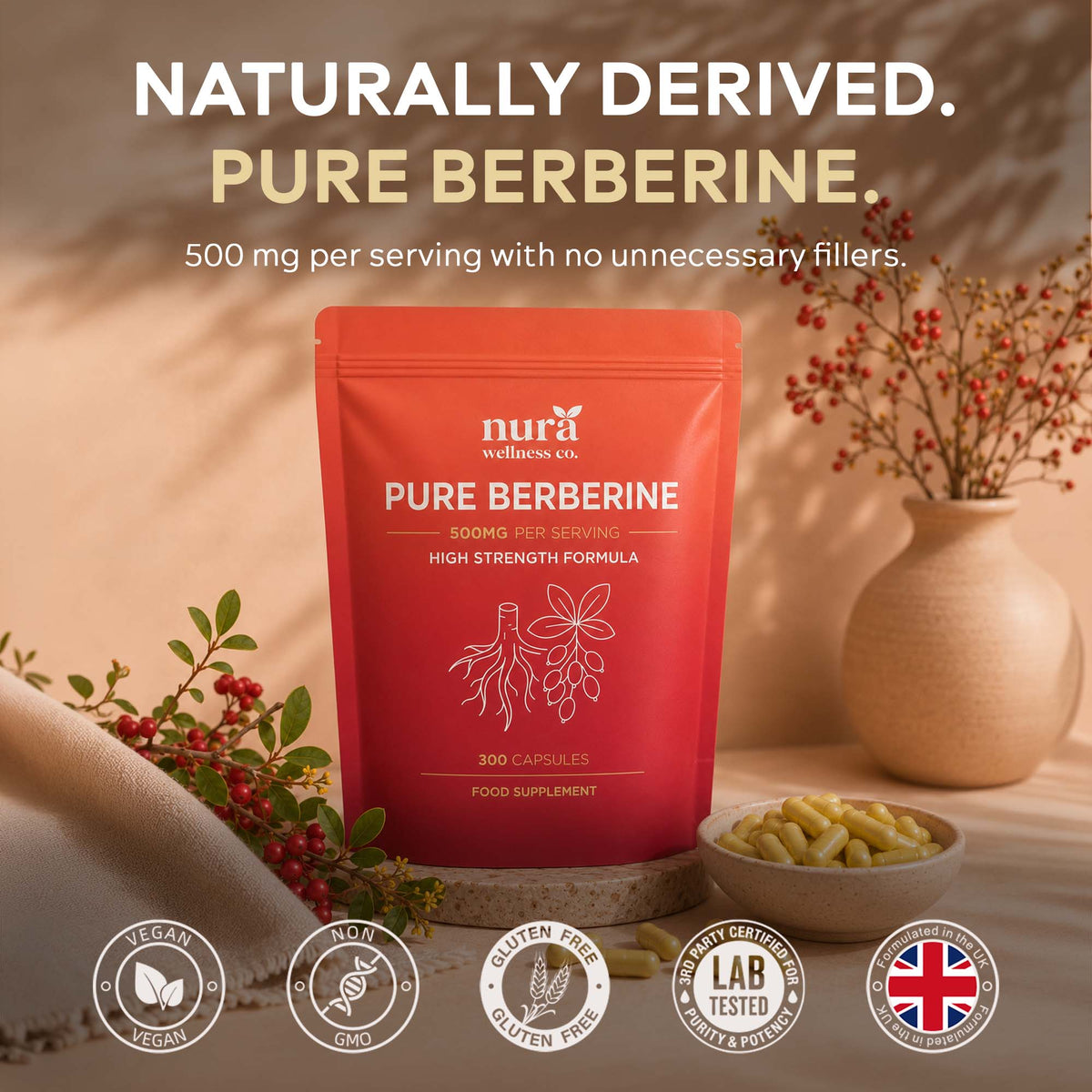 Nura Pure Berberine pouch, 500mg per serving, with vegan, non-GMO, gluten-free, third-party lab tested and formulated in the UK badges