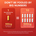 Graphic comparing one Nura capsule with 500mg actual berberine against labels showing 5,000mg extract equivalent across ten capsules