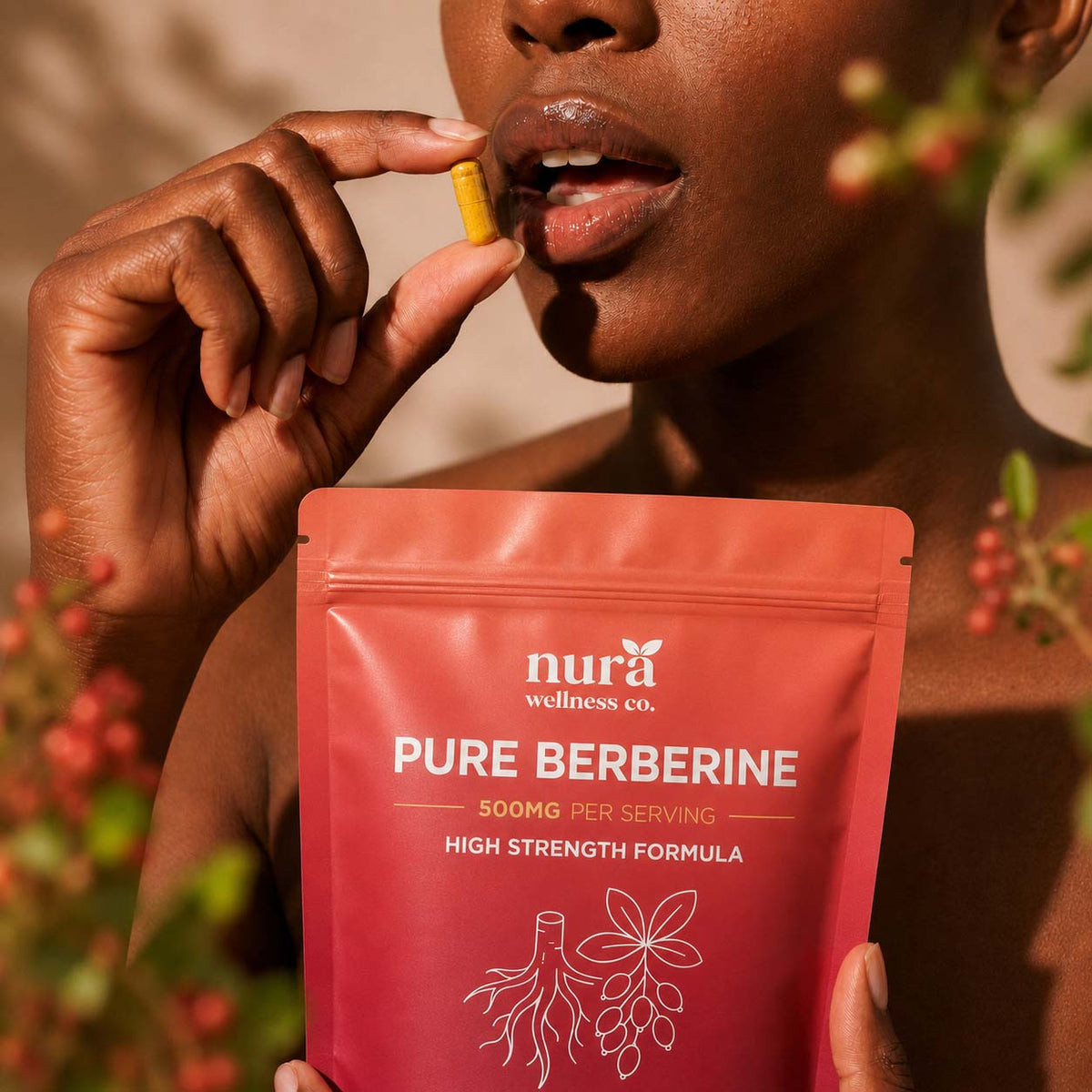 Woman taking a yellow Nura berberine capsule while holding the Pure Berberine pouch
