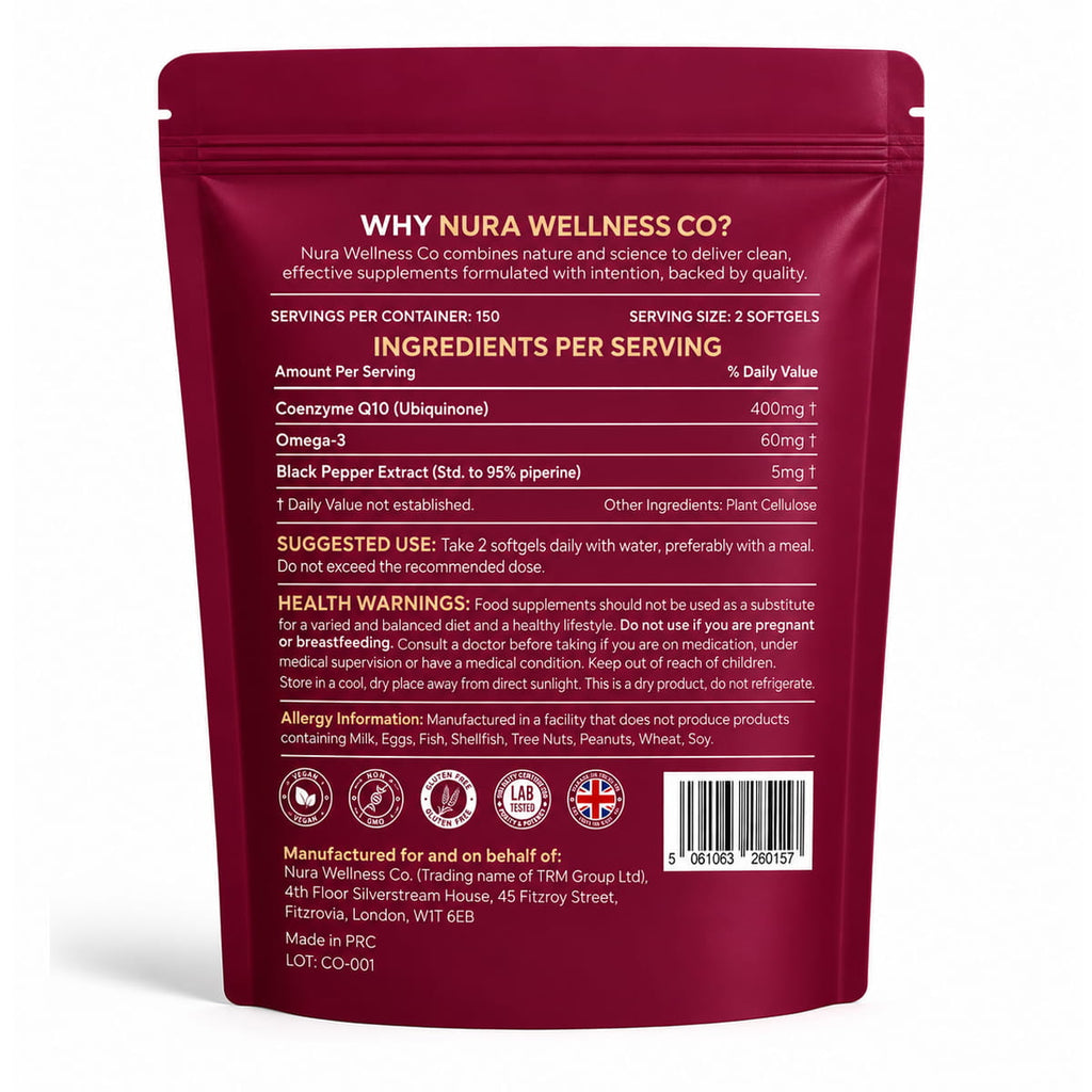 Back of the Nura Coenzyme Q10 pouch showing ingredients per two-softgel serving: 400mg CoQ10 (ubiquinone), omega-3 and black pepper extract