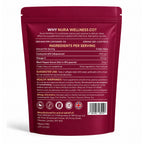 Back of the Nura Coenzyme Q10 pouch showing ingredients per two-softgel serving: 400mg CoQ10 (ubiquinone), omega-3 and black pepper extract