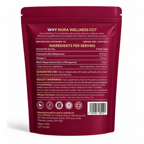 Back of the Nura Coenzyme Q10 pouch showing ingredients per two-softgel serving: 400mg CoQ10 (ubiquinone), omega-3 and black pepper extract