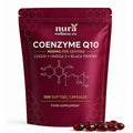 Front of the Nura Coenzyme Q10 pouch: 400mg per serving, CoQ10, omega-3 and black pepper, 300 softgel capsules, with softgels