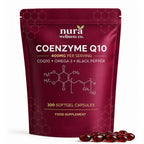Front of the Nura Coenzyme Q10 pouch: 400mg per serving, CoQ10, omega-3 and black pepper, 300 softgel capsules, with softgels