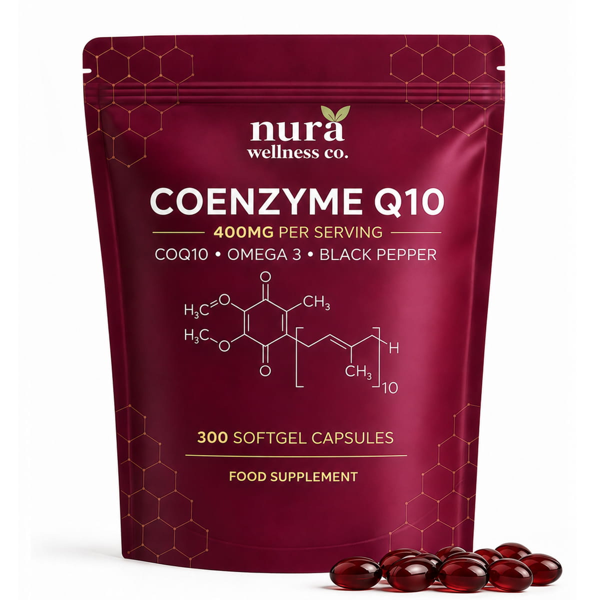 Front of the Nura Coenzyme Q10 pouch: 400mg per serving, CoQ10, omega-3 and black pepper, 300 softgel capsules, with softgels