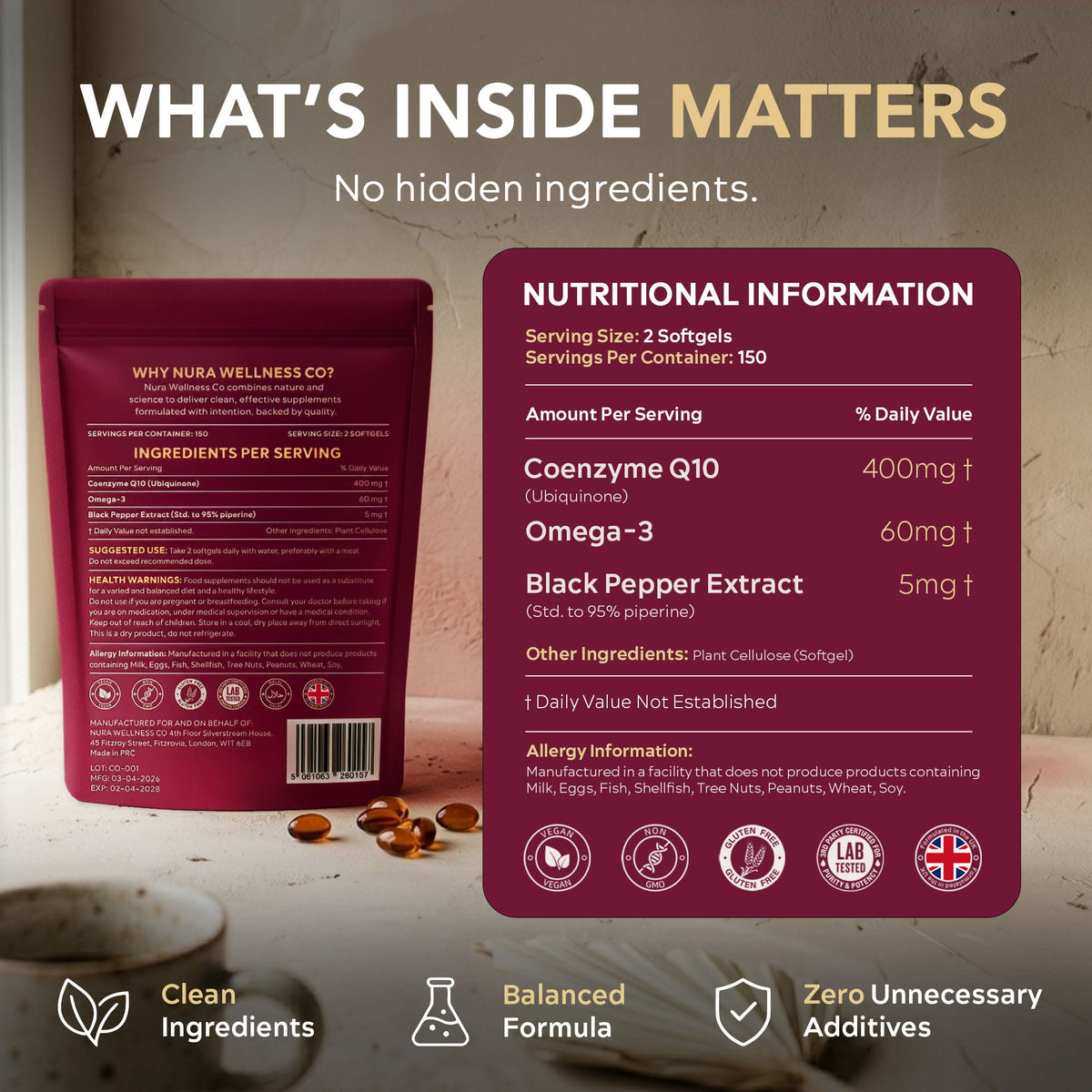 Nura Coenzyme Q10 ingredient panel: 400mg coenzyme Q10, omega-3 and black pepper extract per two-softgel serving