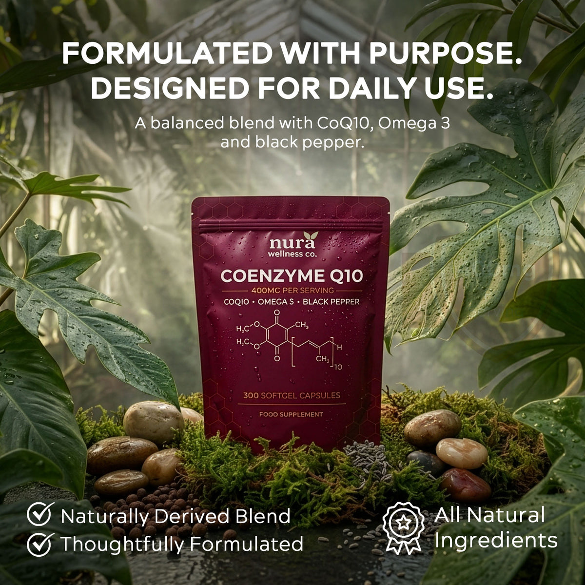 Nura Coenzyme Q10 pouch on moss and stones in a forest setting: a blend of CoQ10, omega-3 and black pepper