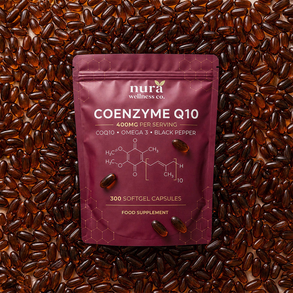 Nura Coenzyme Q10 pouch, 400mg per serving and 300 softgel capsules, lying on a bed of amber softgels