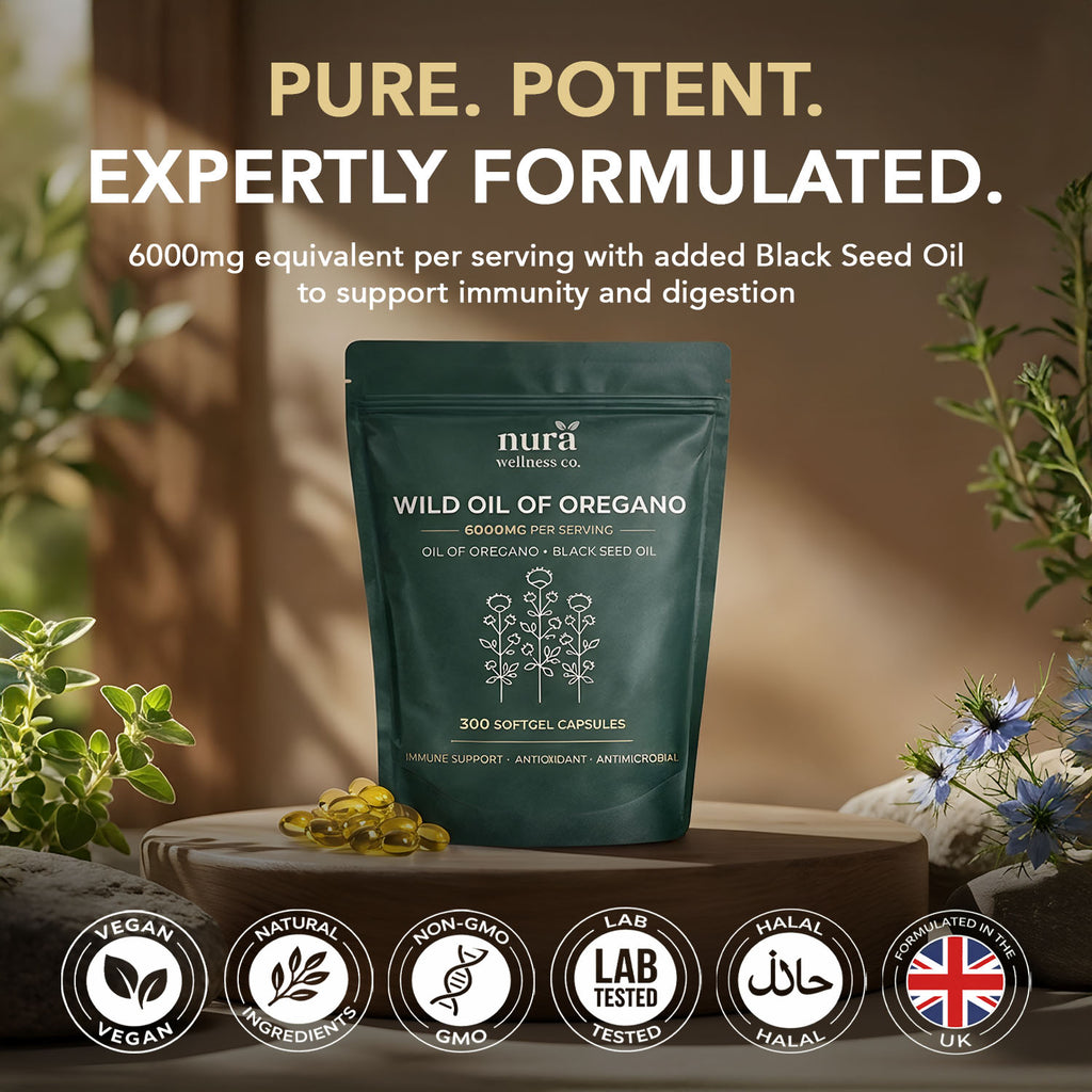 Nura Wild Oil of Oregano pouch on a wooden plinth with oregano, nigella flowers and softgels, shown with vegan, non-GMO and third-party lab tested badges