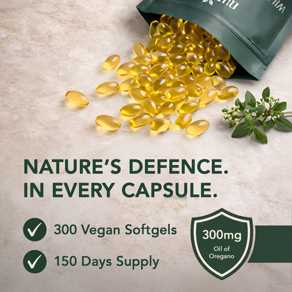 Open Nura Wild Oil of Oregano pouch with golden vegan softgels spilling out beside a sprig of oregano: 300 vegan softgels, 300mg oil of oregano per serving