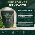 Nura Wild Oil of Oregano pouch beside its ingredient panel: 300mg 20:1 oil of oregano extract standardised to 165mg carvacrol and 200mg black seed oil per two-softgel serving