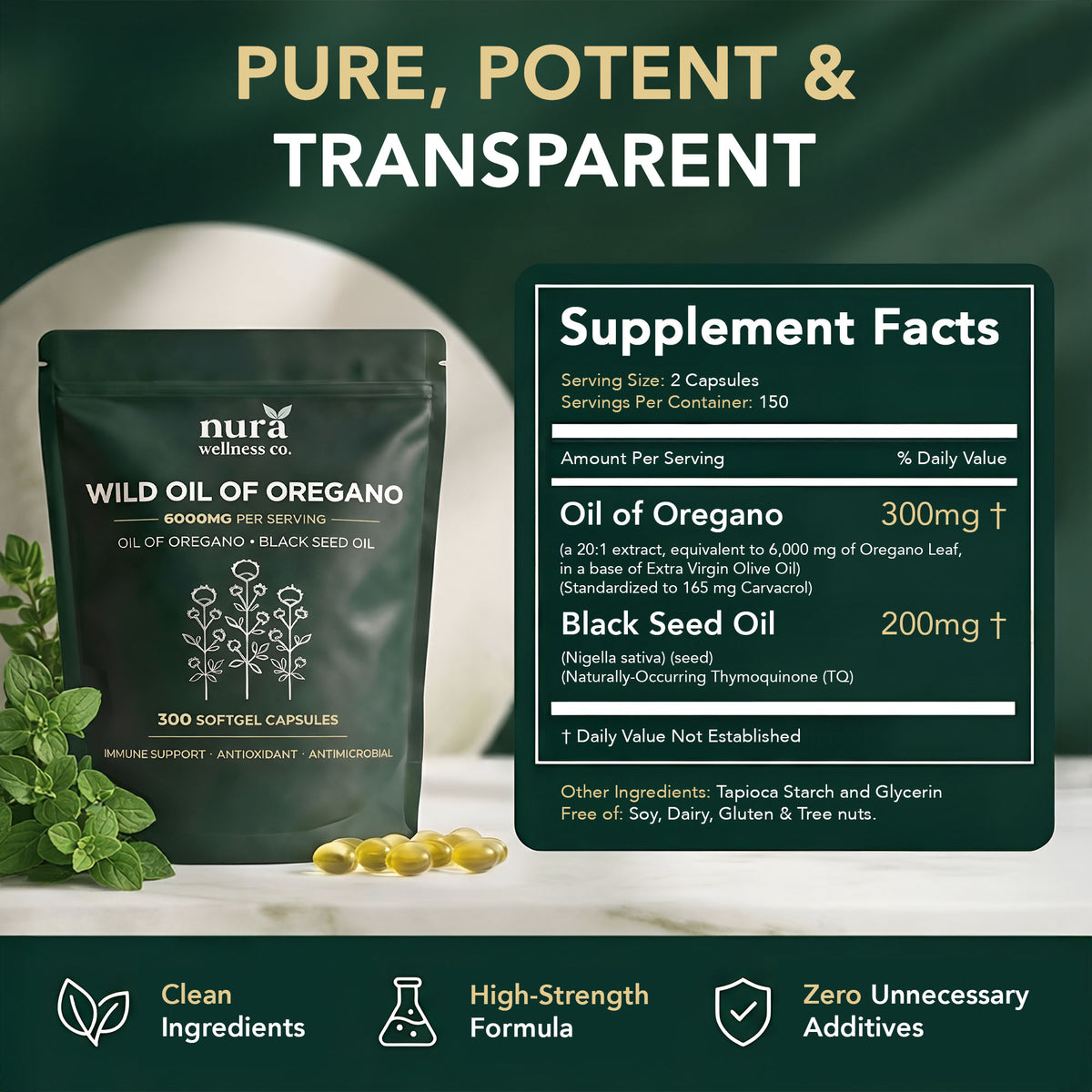 Nura Wild Oil of Oregano pouch beside its ingredient panel: 300mg 20:1 oil of oregano extract standardised to 165mg carvacrol and 200mg black seed oil per two-softgel serving