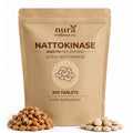 Front of the Nura Nattokinase pouch: 5,000 FU and 250mg nattokinase per serving, 300 tablets, with natto beans and tablets