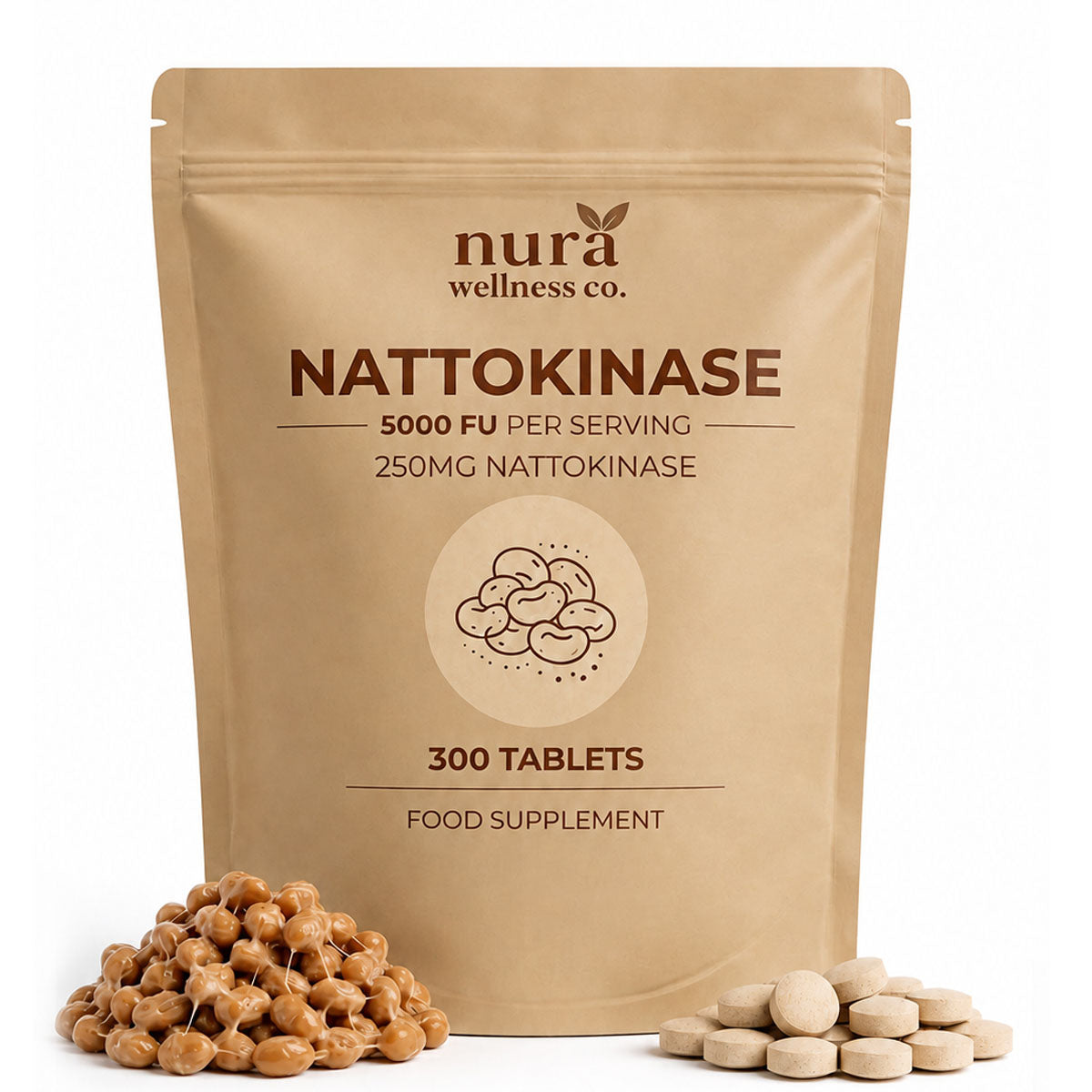 Front of the Nura Nattokinase pouch: 5,000 FU and 250mg nattokinase per serving, 300 tablets, with natto beans and tablets