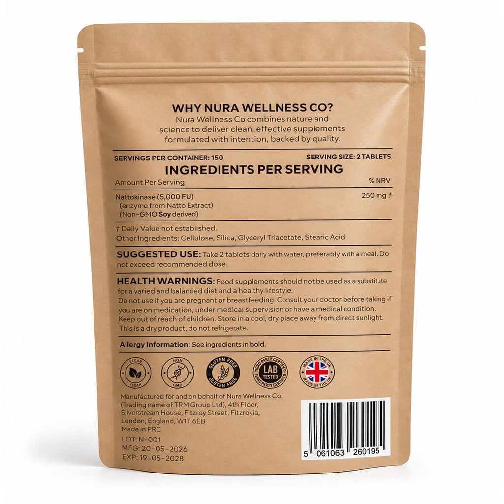 Back of the Nura Nattokinase pouch showing 250mg nattokinase (5,000 FU) per two-tablet serving, derived from soy, 150 servings