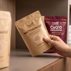 Hand holding Nura Nattokinase and Nura CoQ10 Ubiquinone pouches on a wooden shelf