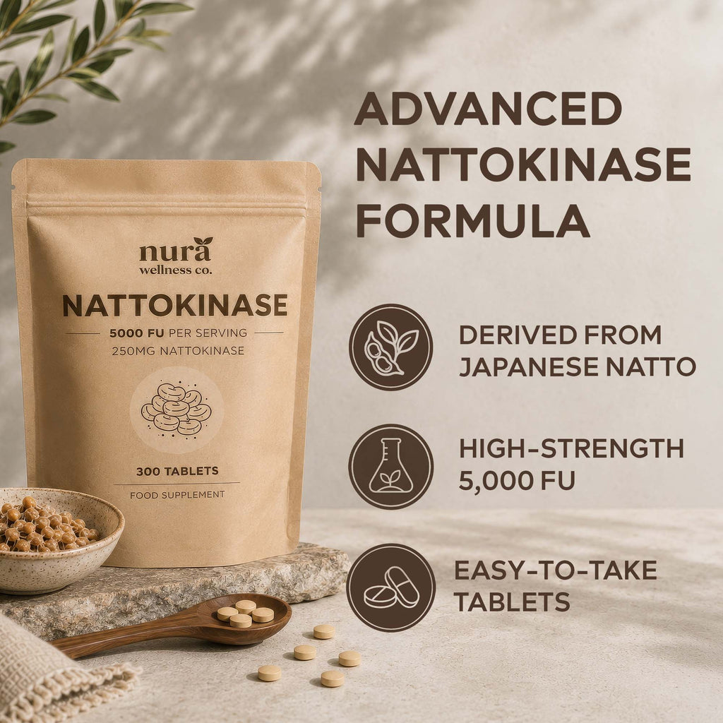 Nura Nattokinase pouch with tablets and natto beans: derived from Japanese natto, 5,000 FU, easy-to-take tablets