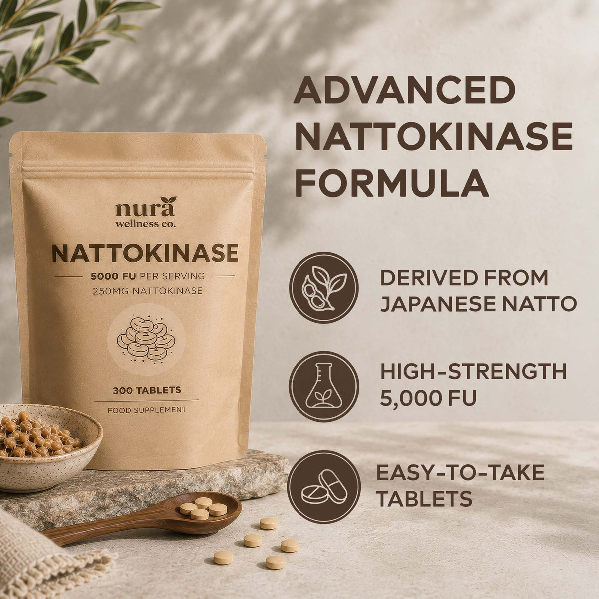 Nura Nattokinase pouch with tablets and natto beans: derived from Japanese natto, 5,000 FU, easy-to-take tablets