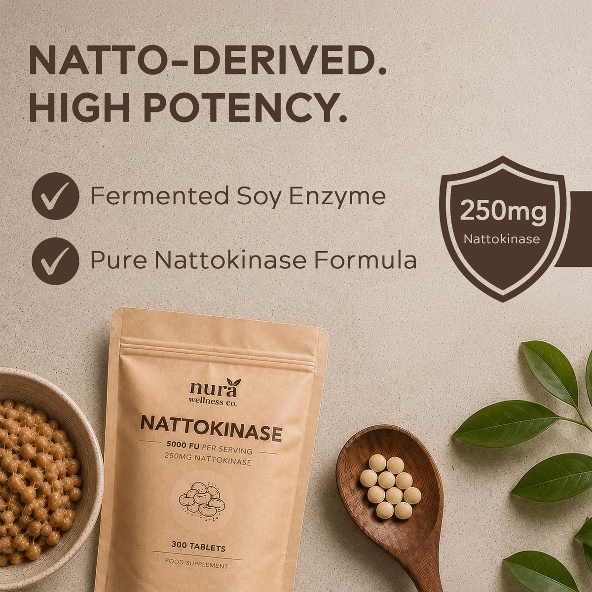 Nura Nattokinase pouch with a spoon of tablets and natto beans: fermented soy enzyme, 250mg nattokinase
