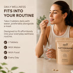 Woman taking a Nura Nattokinase tablet with a glass of water: two tablets daily with water, preferably with a meal