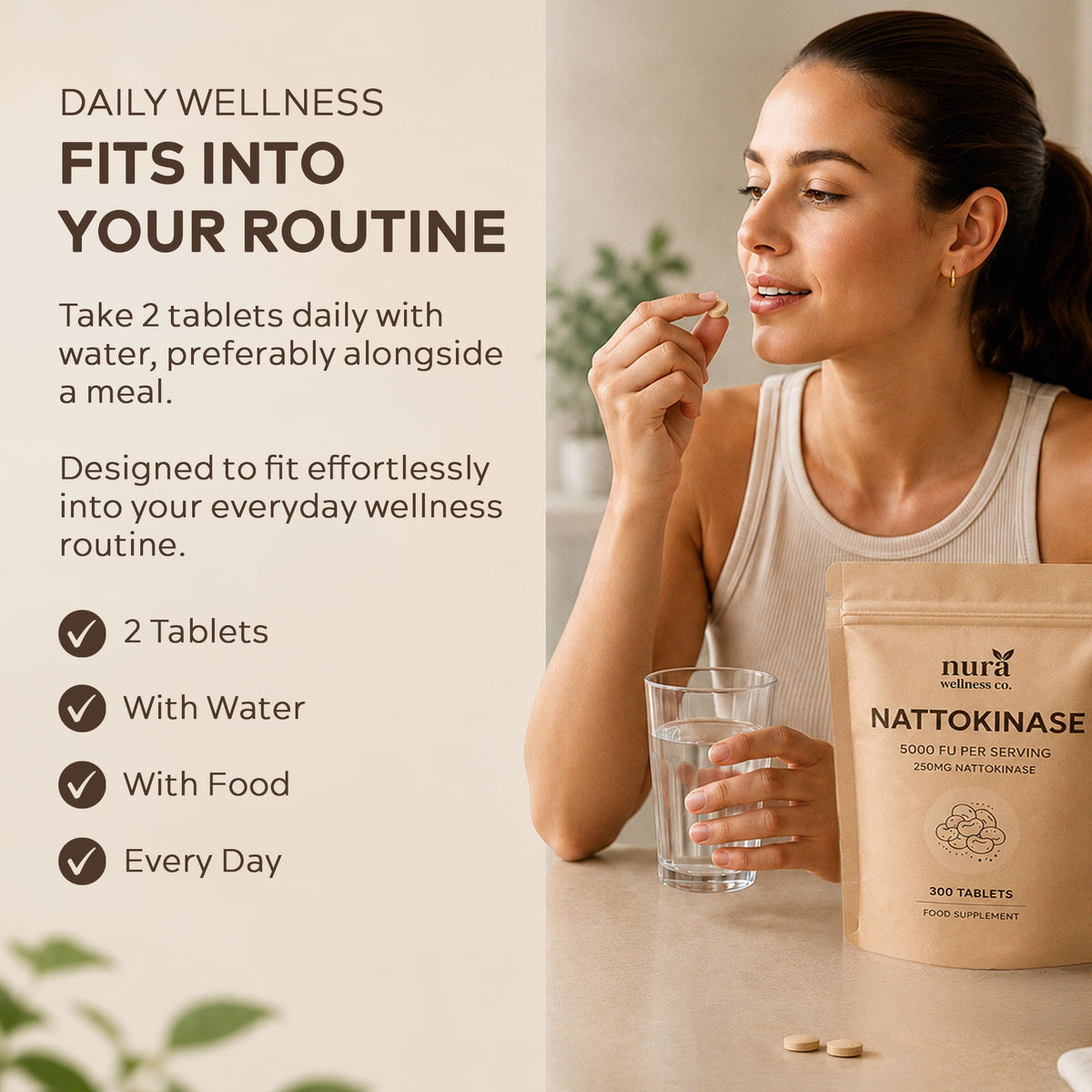 Woman taking a Nura Nattokinase tablet with a glass of water: two tablets daily with water, preferably with a meal