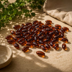 Amber Nura pumpkin seed oil softgels scattered on linen in sunlight beside green leaves