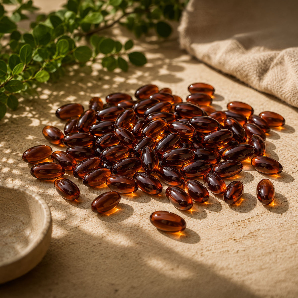 Amber Nura pumpkin seed oil softgels scattered on linen in sunlight beside green leaves
