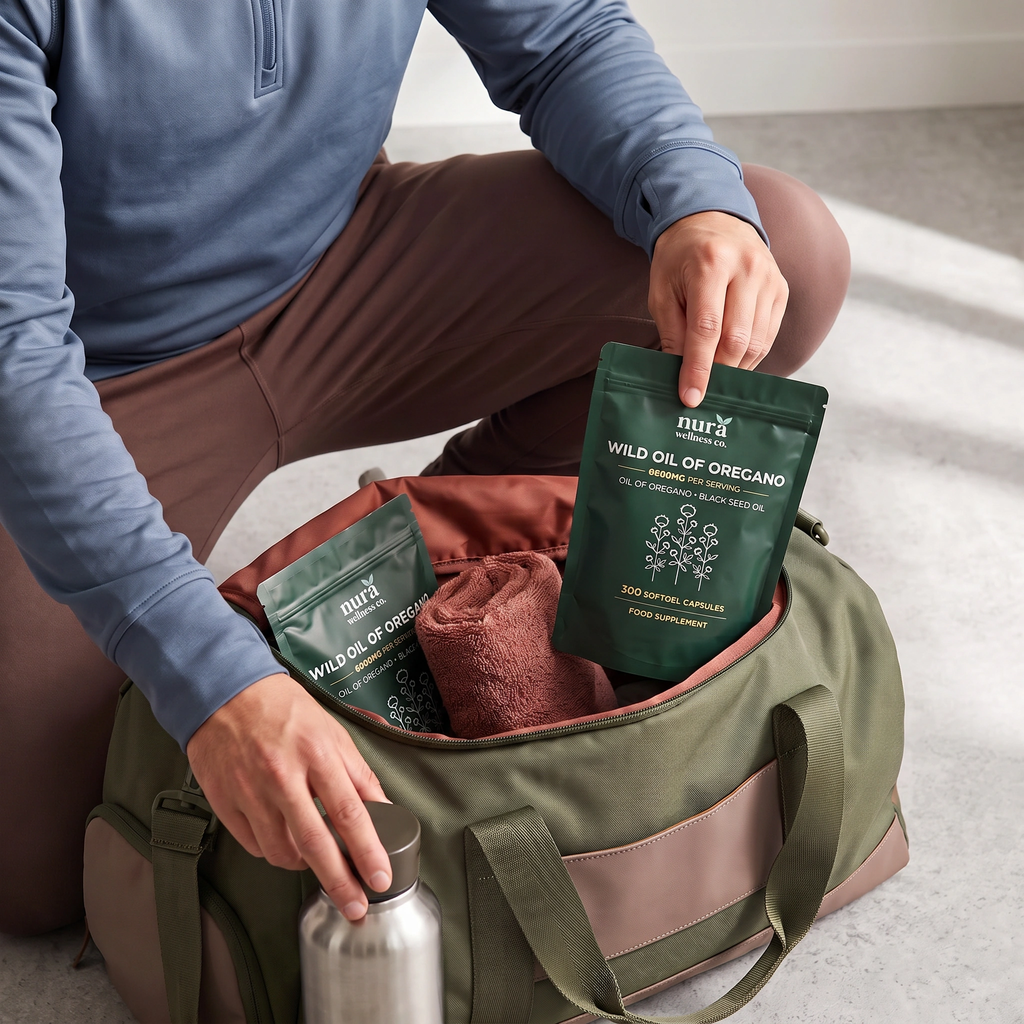Person packing a Nura Wild Oil of Oregano pouch into a gym bag beside a water bottle
