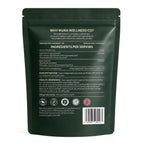 Back of the Nura Wild Oregano Oil Softgels pouch showing ingredients per two-softgel serving: 300mg 20:1 wild oregano extract standardised to 165mg carvacrol and 200mg black seed oil
