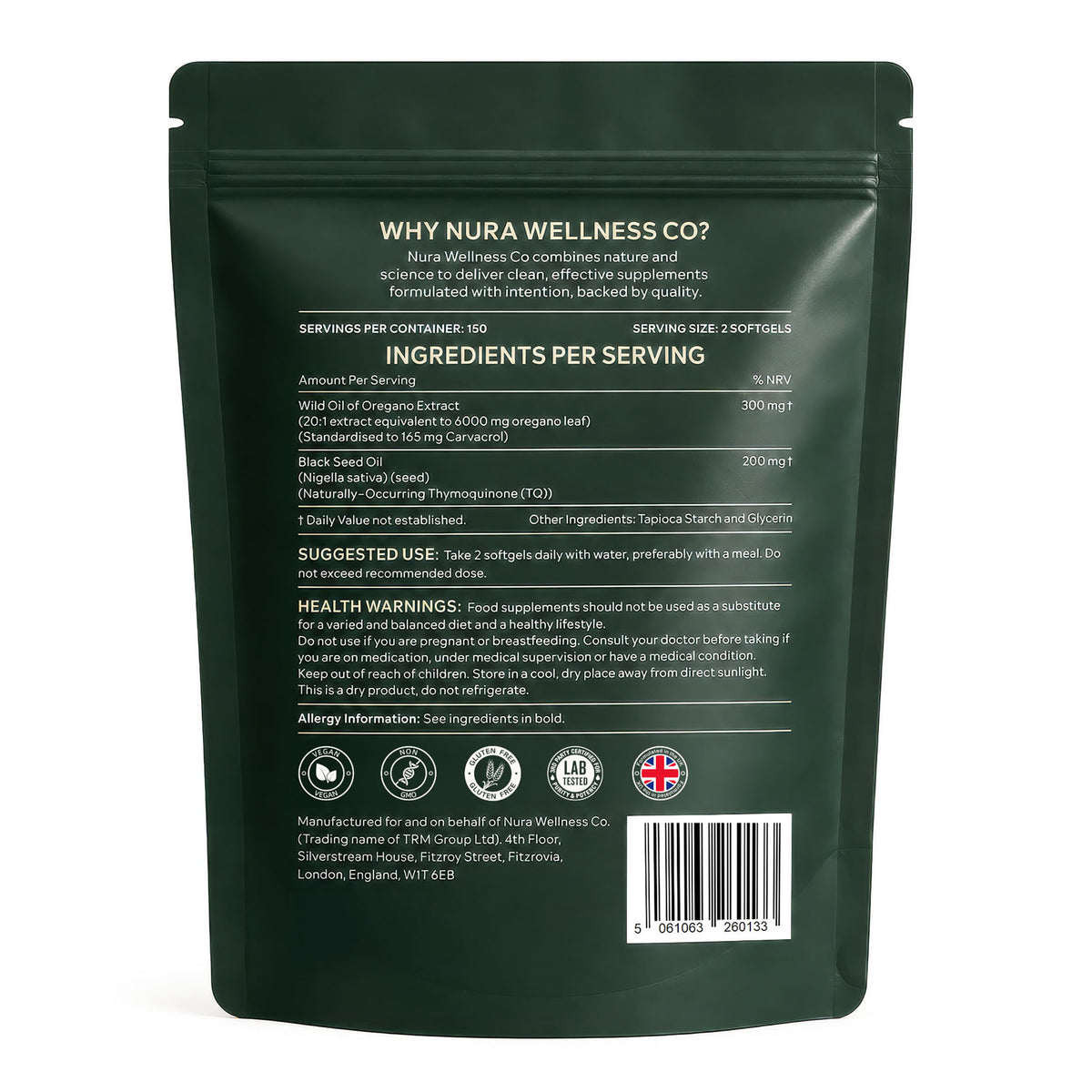 Back of the Nura Wild Oregano Oil Softgels pouch showing ingredients per two-softgel serving: 300mg 20:1 wild oregano extract standardised to 165mg carvacrol and 200mg black seed oil