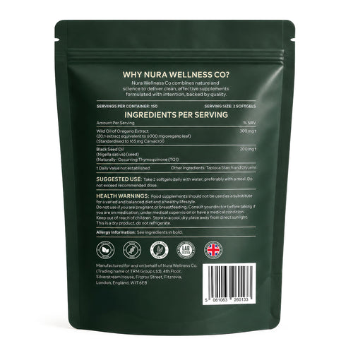 Back of the Nura Wild Oregano Oil Softgels pouch showing ingredients per two-softgel serving: 300mg 20:1 wild oregano extract standardised to 165mg carvacrol and 200mg black seed oil