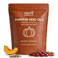 Front of the Nura Pumpkin Seed Oils pouch: 3,000mg per serving with saw palmetto, 210 soft capsules, with pumpkin and seeds