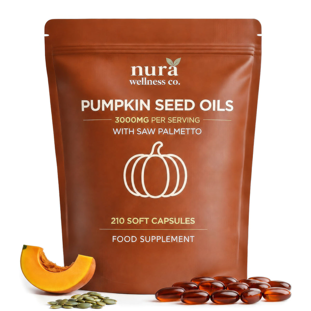 Front of the Nura Pumpkin Seed Oils pouch: 3,000mg per serving with saw palmetto, 210 soft capsules, with pumpkin and seeds