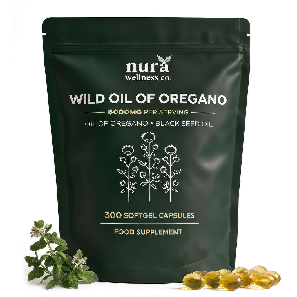 Front of the Nura Wild Oil of Oregano pouch, 300 softgel capsules, food supplement, with fresh oregano and golden softgels