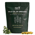 Front of the Nura Wild Oil of Oregano pouch, 300 softgel capsules, food supplement, with fresh oregano and golden softgels