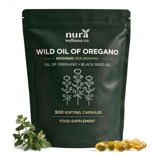 Front of the Nura Wild Oil of Oregano pouch, 300 softgel capsules, food supplement, with fresh oregano and golden softgels
