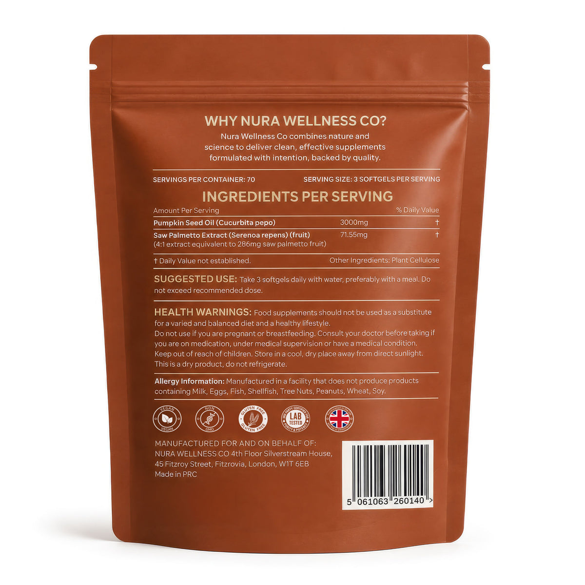 Back of the Nura Pumpkin Seed Oils pouch showing 3,000mg pumpkin seed oil and saw palmetto extract per three-softgel serving, 70 servings