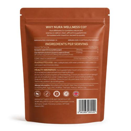 Back of the Nura Pumpkin Seed Oils pouch showing 3,000mg pumpkin seed oil and saw palmetto extract per three-softgel serving, 70 servings
