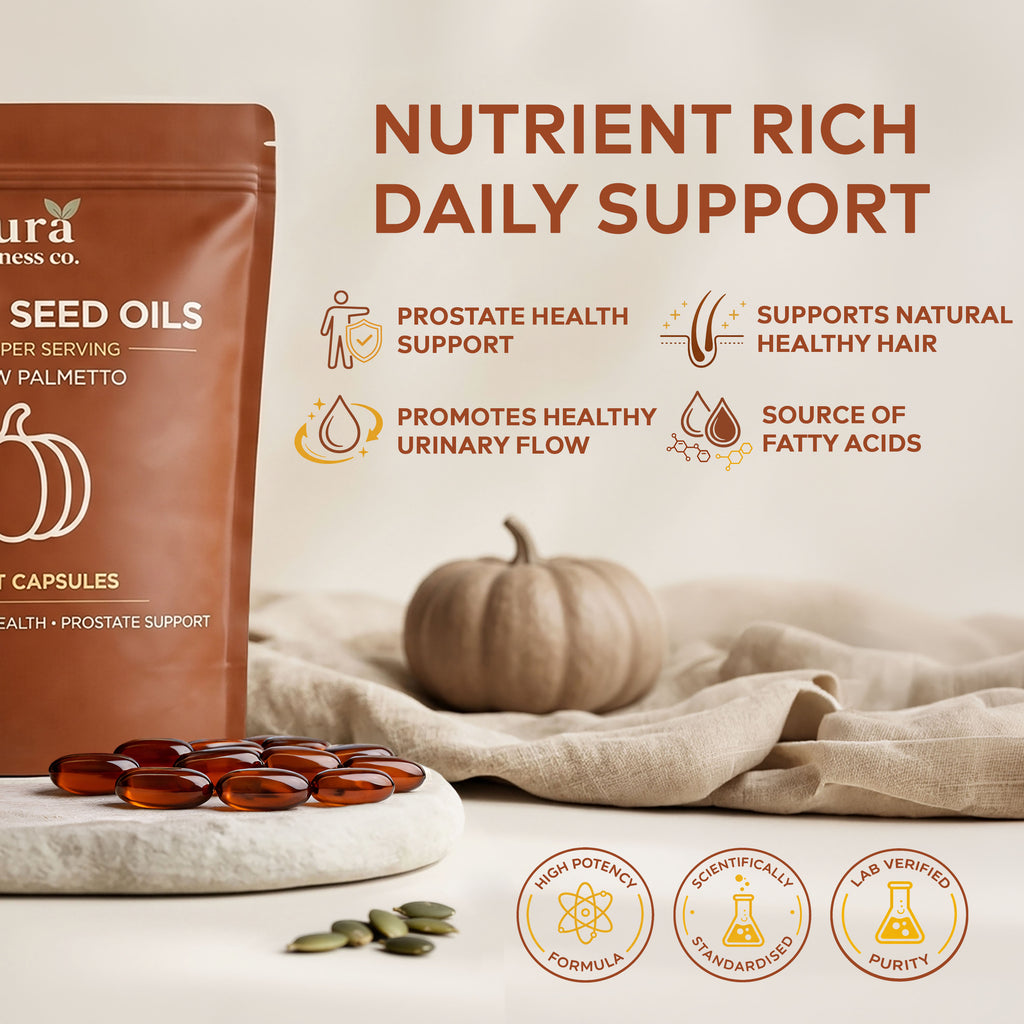 Nura Pumpkin Seed Oils pouch with softgels on a stone dish beside a small pumpkin and pumpkin seeds