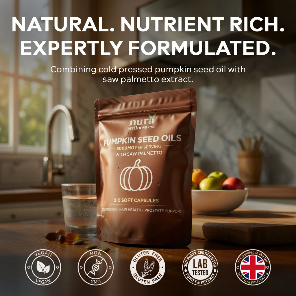 Nura Pumpkin Seed Oils pouch on a kitchen counter, with vegan, non-GMO, gluten-free, lab tested and formulated in the UK badges