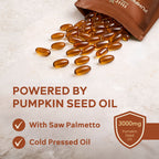 Open Nura Pumpkin Seed Oils pouch with amber softgels spilling out: 3,000mg cold-pressed pumpkin seed oil with saw palmetto