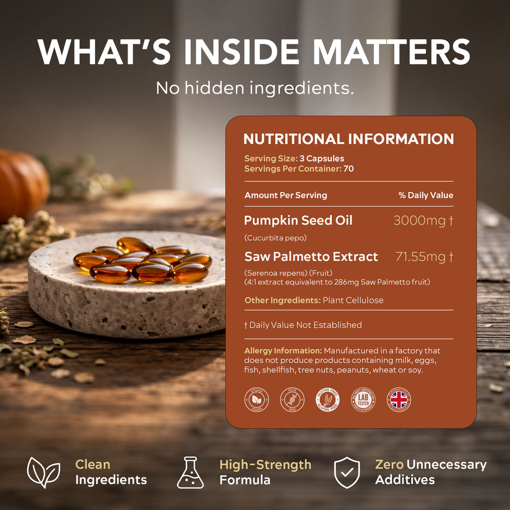 Nura Pumpkin Seed Oils ingredient panel: 3,000mg pumpkin seed oil and 71.55mg 4:1 saw palmetto extract per three-softgel serving