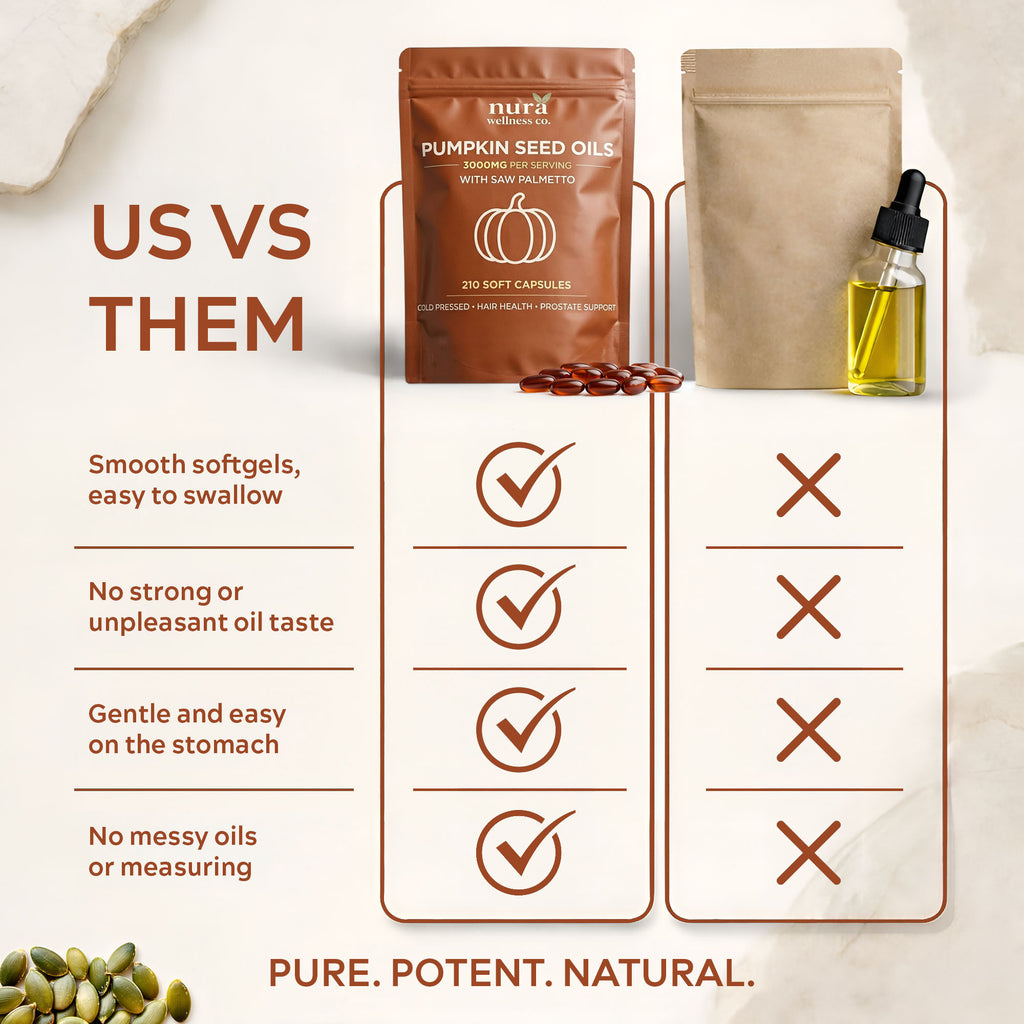 Comparison of Nura Pumpkin Seed Oil softgels with a liquid oil dropper: easy to swallow, no oil taste, no measuring